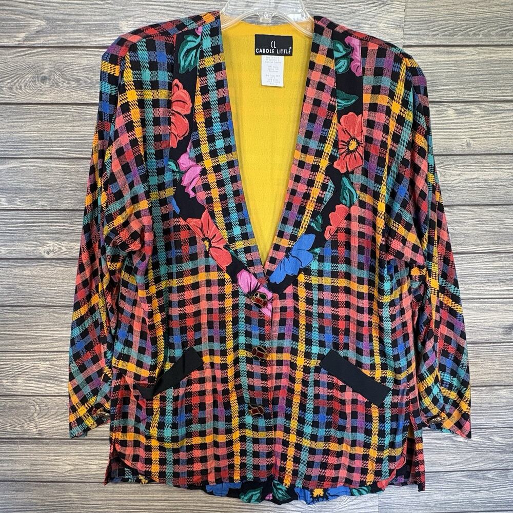 Vintage Carole Little Sz 6 WILD Rayon Plaid Blazer Jacket Art-to-Wear Boho